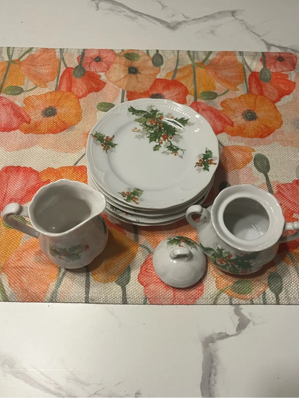 Vintage Germany Christmas Holly Berry Dessert Plate Set Creamer Sugar Pot